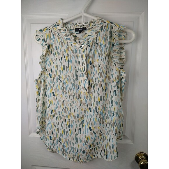 DKNY Woman PL Tank Ruffle Neck Trim Hidden Button Boho Lagenlook Look Preppy... - Picture 1 of 6